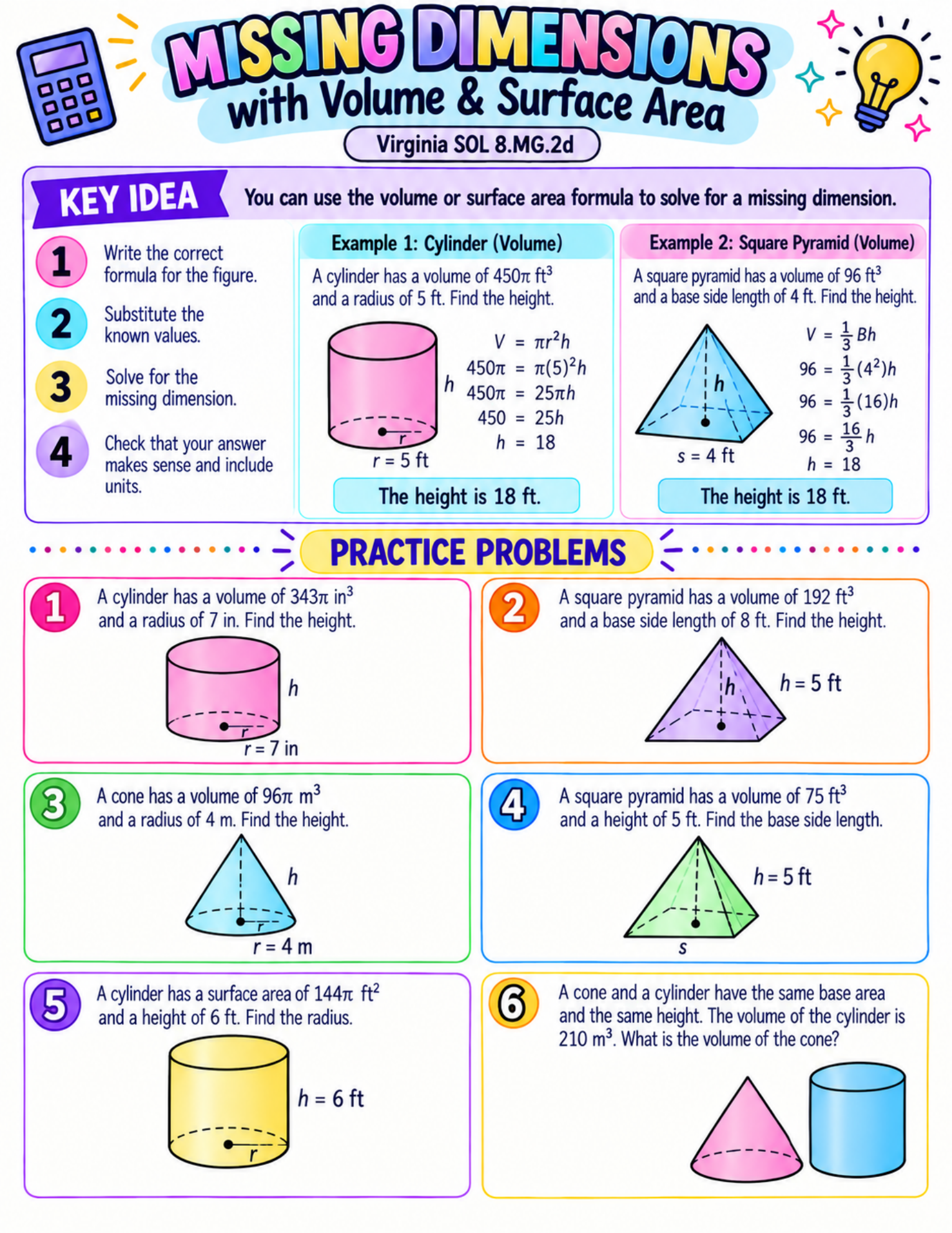 English missing-dimensions page with two examples and six matching volume and surface-area problems