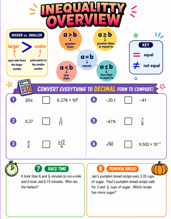 Inequality Overview notebook page with comparison symbols and mixed-form real-number comparison questions