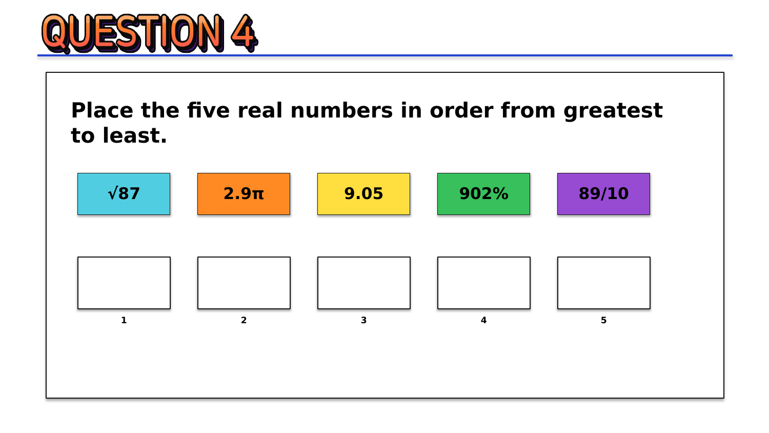 Team Challenge ordering round asking students to arrange five mixed-form real numbers from greatest to least